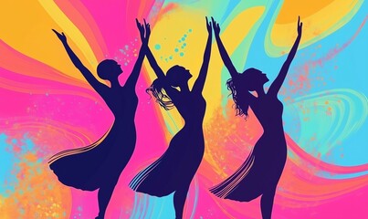 Silhouettes of three dancers celebrating joy and freedom against vibrant abstract background of...