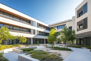 Fototapeta premium A modern wellness building with clean facades, open courtyards, and natural textures