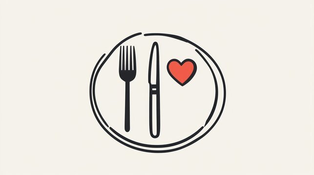 Plate, fork, knife, heart, food, love, dining, simple illustration, menu design