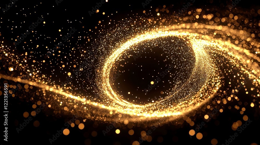 Poster luminous particle swirl motion design, dynamic trails of light creating complex patterns, perfect fo