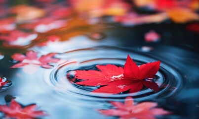 Vibrant Red Maple Leaf Floating on Water Surface Surrounded by Colorful Autumn Leaves and Ripples