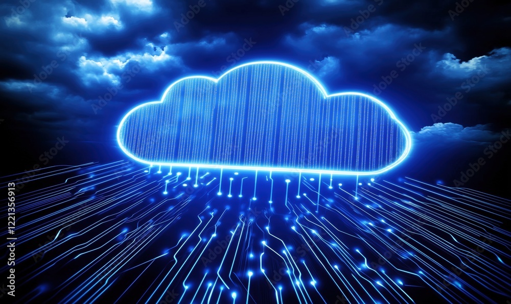 Aufkleber digital cloud computing concept with glowing blue cloud and binary data streams against dark stormy 