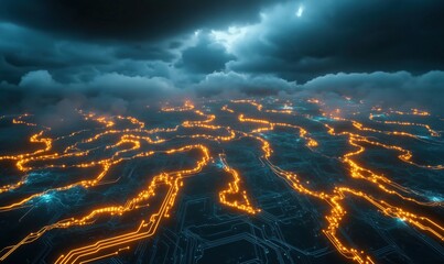 Futuristic digital landscape with glowing circuitry and stormy clouds above, depicting a high-tech environment