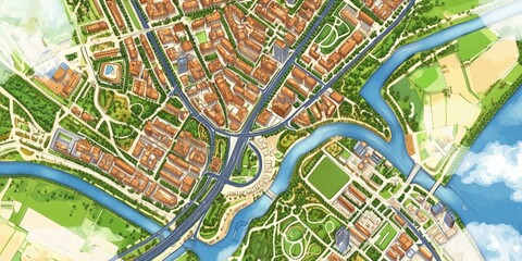 Obraz premium Aerial view of a vibrant urban landscape featuring intricate road networks, green parks, and residential areas along a river