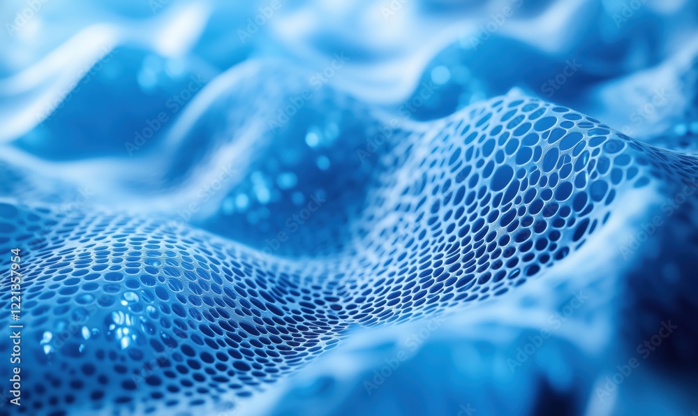 Poster abstract blue wave pattern with intricate mesh structure, showcasing depth and texture in a fluid-li