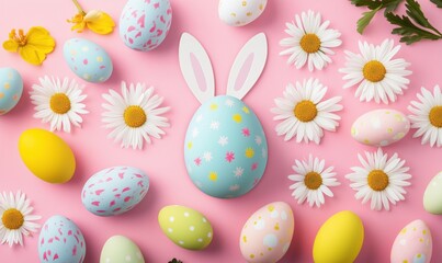 Colorful Easter eggs arranged with daisies and spring flowers on pink background, featuring bunny ears egg centerpiece