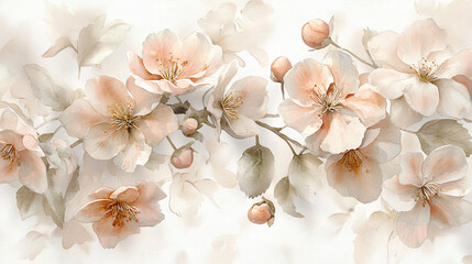 A delicate watercolor painting of blooming flowers in soft pastel tones, set against a clean white background, exuding calmness. 