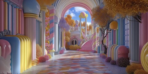 Whimsical Candyland Hallway with Pastel Colors