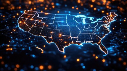 Obraz premium A glowing, digital representation of the United States map,