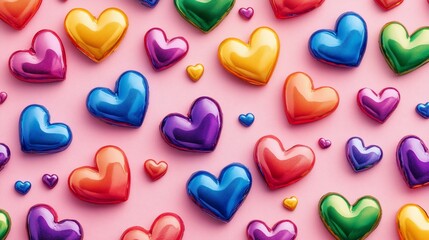 Fototapeta premium Colorful Rainbow Hearts Pattern: A vibrant collection of glossy hearts in various rainbow hues arranged on a soft pink background. Perfect for Valentine's Day, love, or celebration themes.