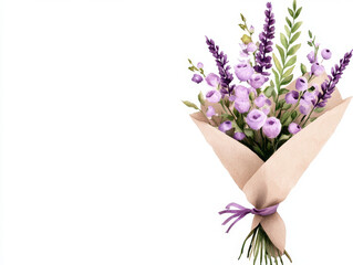 Elegant watercolor bouquet featuring purple flowers wrapped in paper