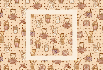 Kitchen utensils, coffee with milk, cups on a light background. Seamless morning cafe pattern