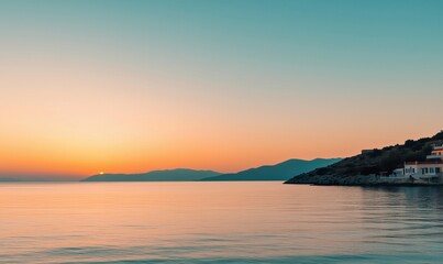 Fototapeta premium Serene Sunset Over Calm Waters with Mountain Silhouettes and Coastal Architecture