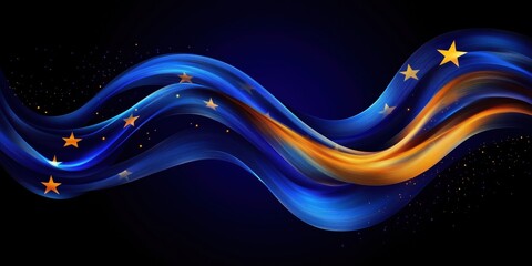 Abstract wavy lines in blue and orange with stars on dark background, representing creativity and motion