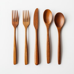 Dark brown natural wood, wooden forks, spoon and knife in white background, flat lay and top view