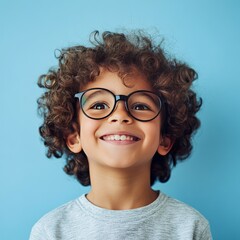 Obraz premium Curly-haired boy with glasses smiling against a blue background in a cheerful indoor setting