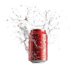 Red soda can splashing water on a transparent background, ideal for ads