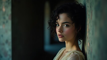 Fototapeta premium A portrait of a dark-haired woman with a light top.