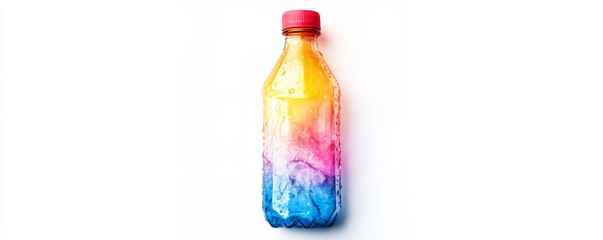 vibrant, translucent bottle filled with colorful liquid, showcasing gradient of yellow, pink, and blue hues