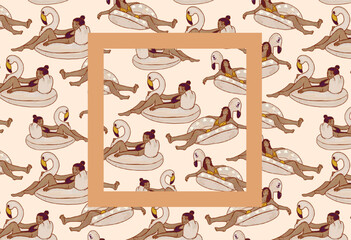 Girls and women on a flamingo ring in the pool. Summer resort white seamless pattern. Hand drawn beach illustration of people on a seaside vacation.
