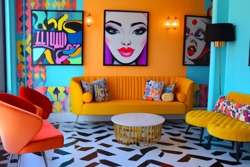 Pop art salon, Bright and bold designs with graphic patterns, posters, neon colors and modern furniture