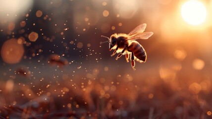 Naklejka premium Honey bee hovering in air. Bloom. Bee. Honeybee. Nature. Close-up. 