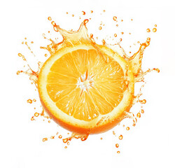 Round orange slice in splashes of juice isolated on white  background.