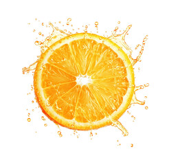 Round orange slice in splashes of juice isolated on transparent background.