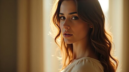 Fototapeta premium A close-up portrait shows a fair-skinned woman with brown hair looking over her shoulder.