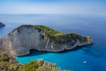 Beautiful Navagio Beach captured from an elevated viewpoint on a sunny day