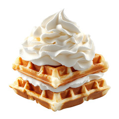 Delicious stacked waffles topped with creamy whipped cream on a clean background
