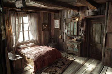Rustic room style, Wooden elements, rough texture, natural colors, cozy and warm atmosphere