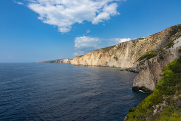 High cliffs of Plakaki Beach coastline on a fine sunny day, located on Greek island of Zakynthos