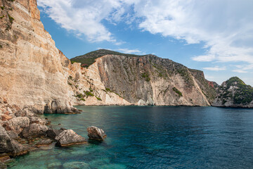 Beautiful Plakaki beach panorama captured on an overcast day. Located on a Greek island of Zakynthos
