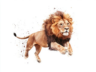 majestic lion leaps gracefully, showcasing its powerful form watercolor. vibrant colors and dynamic movement capture essence of this magnificent