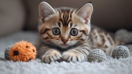 Naklejka premium Adorable Bengal kitten playing with yarn balls.