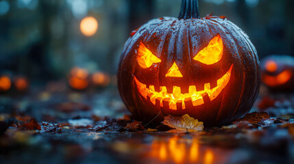 A glowing Halloween pumpkin with a menacing carved face, set in a dark, spooky atmosphere with autumn leaves