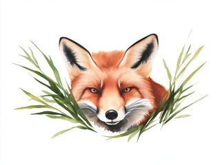 Fototapeta premium Capture serene essence of watercolor fox surrounded by green foliage. This artwork beautifully highlights fox striking features and vibrant colors