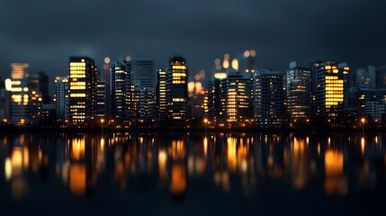 Night cityscape, city skyline reflected in water, urban scene, dark sky, background lights, website banner