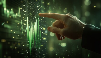 Finger touches digital screen displaying green data visualization in a dark environment