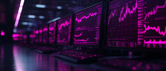 Fototapeta premium High tech trading room with multiple monitors displaying stock market data in vibrant pink hues