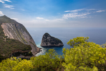 Impressive panoramic view towards the Plakaki Beach captured on a sunny day. Located on a Greek island of Zakynthos