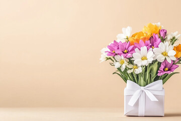 A beautiful bouquet of colorful flowers in a white gift box with a ribbon, set against a soft beige background.