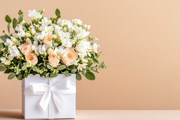 Fototapeta premium A beautiful bouquet of white and peach roses, mixed with white flowers and greenery, arranged in a white gift box with a ribbon. The background is a soft beige color.