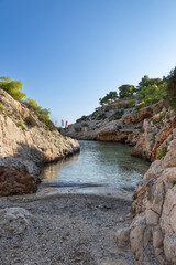 Secluded Porto Limnionas beach captured at sunset. Located on Greek island of Zakynthos