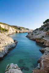 Beautiful Porto Limnionas cove captured during late afternoon, located on Zakynthos island, Greece