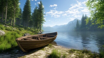 A Tranquil Scene of a Wooden Boat on the Shores of a Mountain Lake Under a Clear Blue Sky