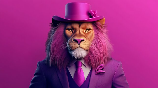 2d A lion in a pink elegant hat on a pink background. Front view, lion portrait with pink fur. Dressed in a suit and tie with bright colors and strong contrast, this design emphasizes elegance in fash
