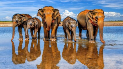 Elephants walk gracefully in line across a shallow river under a bright sky