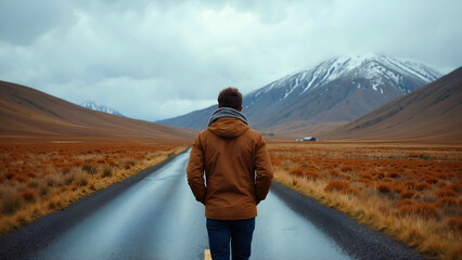 Fototapeta premium Solitary figure walking on empty road toward majestic mountains under muted sky for adventure and freedom inspiration